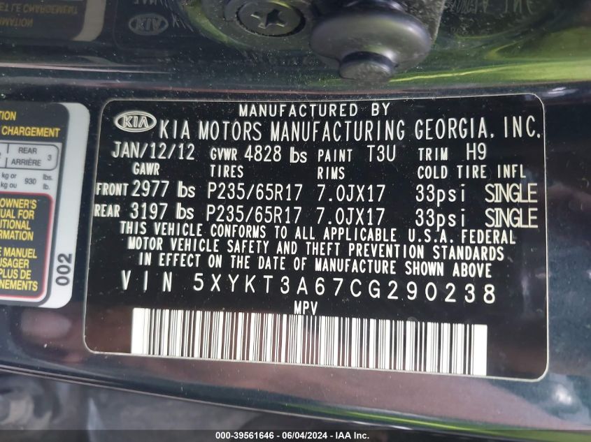 2012 Kia Sorento Lx VIN: 5XYKT3A67CG290238 Lot: 39561646