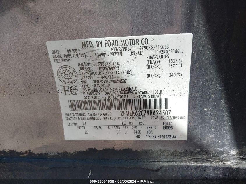 2009 Ford Flex Sel VIN: 2FMEK62C79BA24507 Lot: 39561658