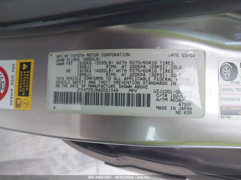 2004 Toyota Land Cruiser VIN: JTEHT05J842061548 Lot: 39561661