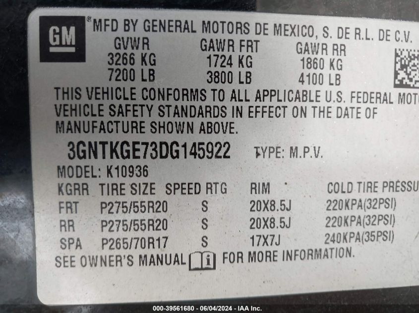 2013 Chevrolet Avalanche Ltz VIN: 3GNTKGE73DG145922 Lot: 39561680