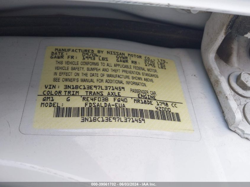 2007 Nissan Versa 1.8S VIN: 3N1BC13E97L371459 Lot: 39561702