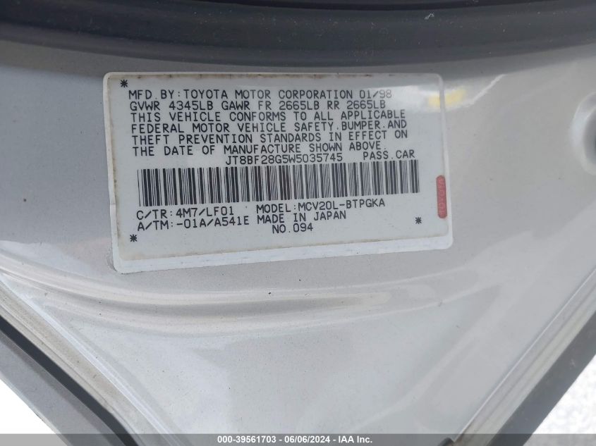 1998 Lexus Es 300 VIN: JT8BF28G5W5035745 Lot: 39561703