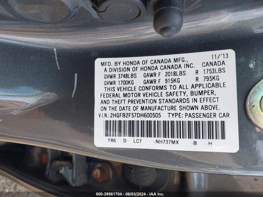 2013 Honda Civic Lx VIN: 2HGFB2F57DH600505 Lot: 39561704