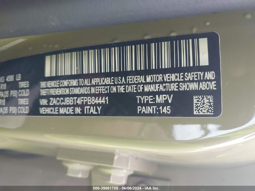 2015 Jeep Renegade Latitude VIN: ZACCJBBT4FPB84441 Lot: 39561705