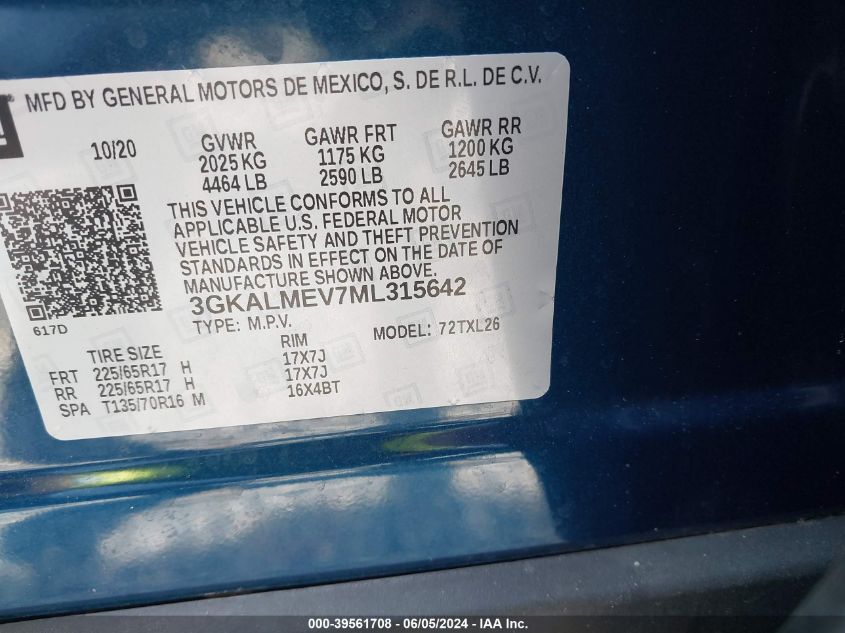 2021 GMC Terrain Fwd Sle VIN: 3GKALMEV7ML315642 Lot: 39561708