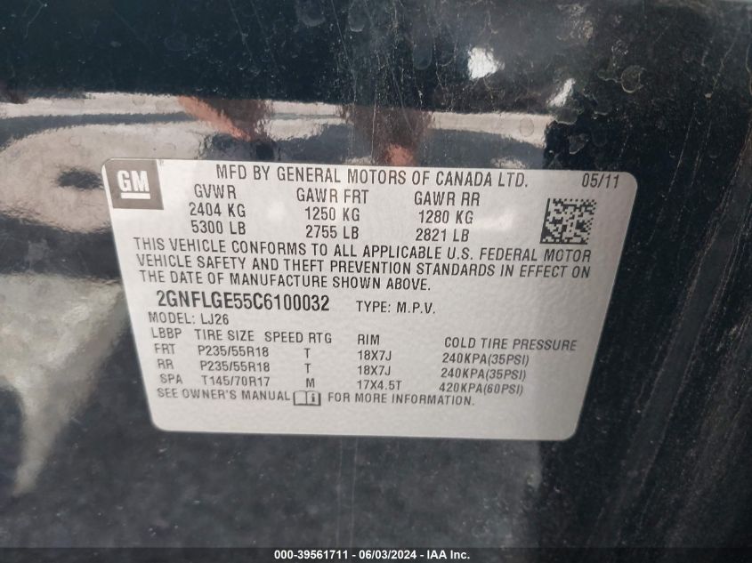 2012 Chevrolet Equinox Ltz VIN: 2GNFLGE55C6100032 Lot: 39561711