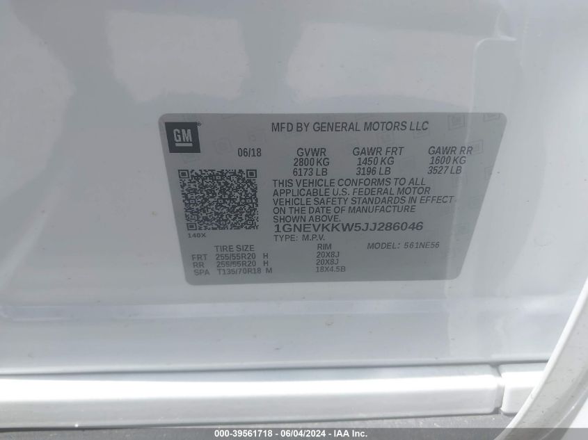 2018 Chevrolet Traverse High Country VIN: 1GNEVKKW5JJ286046 Lot: 39561718