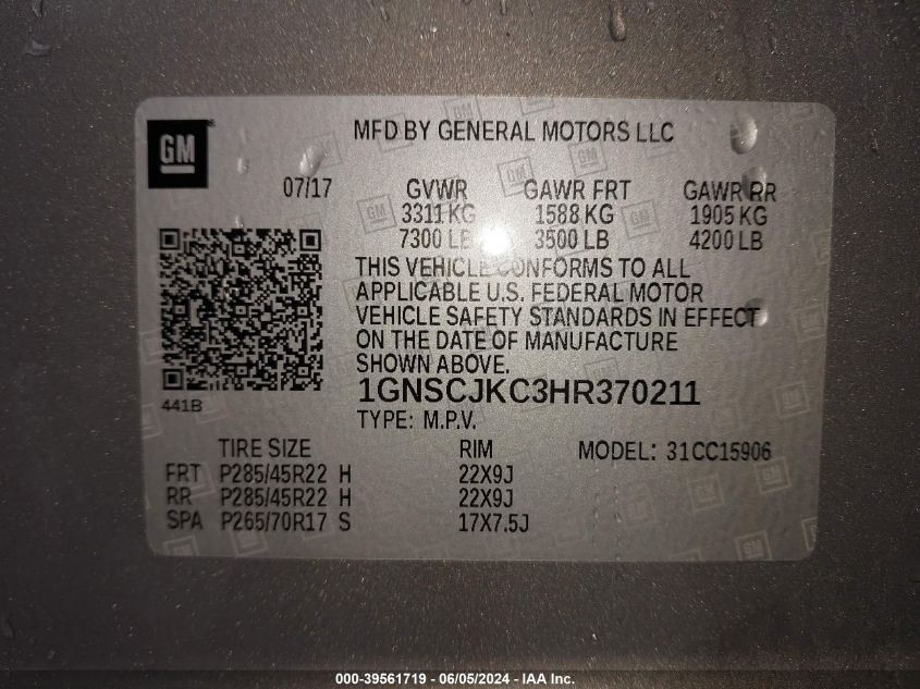 2017 Chevrolet Suburban Premier VIN: 1GNSCJKC3HR370211 Lot: 39561719