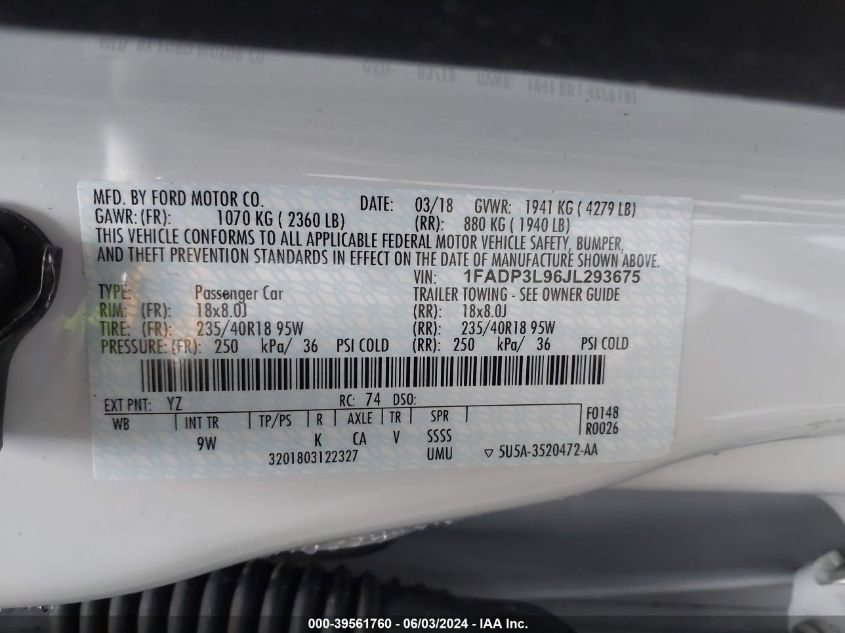 2018 Ford Focus St VIN: 1FADP3L96JL293675 Lot: 39561760