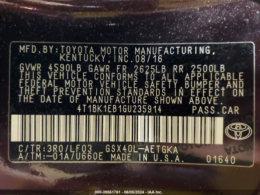 2016 TOYOTA AVALON XLE PREMIUM - 4T1BK1EB1GU235914