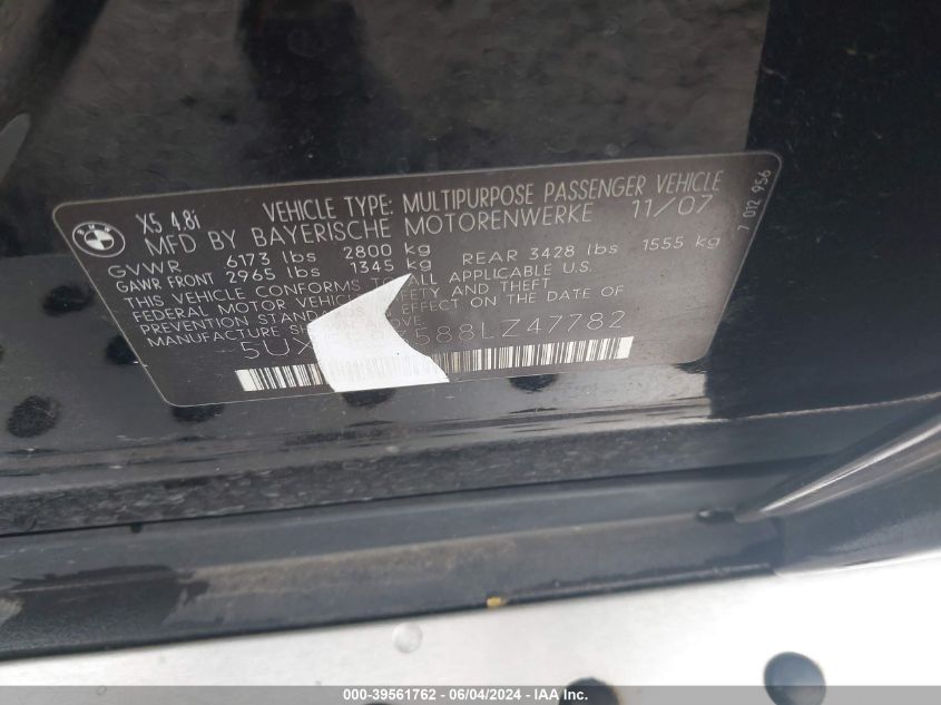 2008 BMW X5 4.8I VIN: 5UXFE83588LZ47782 Lot: 39561762