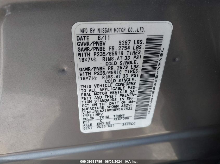 2011 Nissan Murano S/Sl/Le VIN: JN8AZ1MW8BW187832 Lot: 39561785