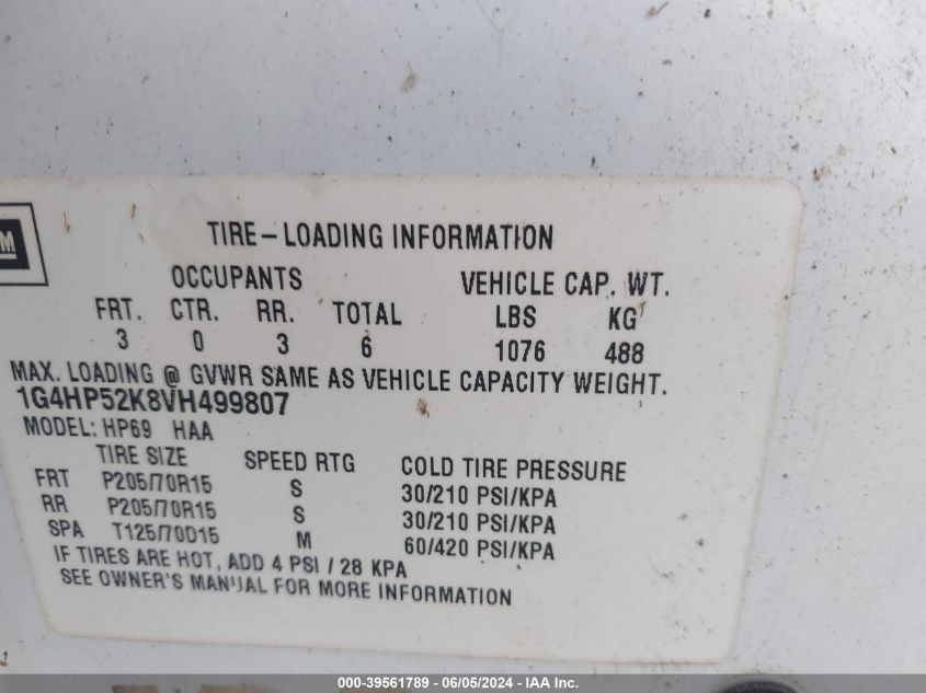 1997 Buick Lesabre Custom VIN: 1G4HP52K8VH499807 Lot: 39561789