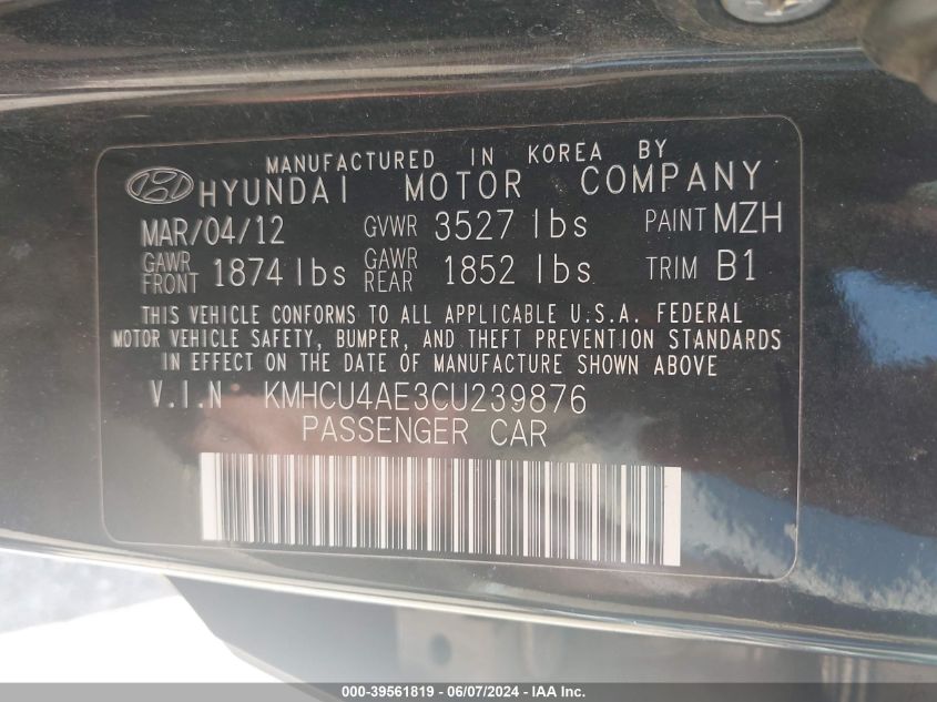 2012 Hyundai Accent Gls VIN: KMHCU4AE3CU239876 Lot: 39561819