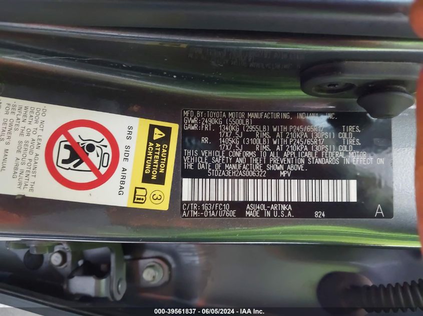 2010 Toyota Highlander VIN: 5TDZA3EH2AS006322 Lot: 39561837