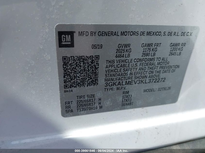 2019 GMC Terrain Sle VIN: 3GKALMEV3KL372272 Lot: 39561846