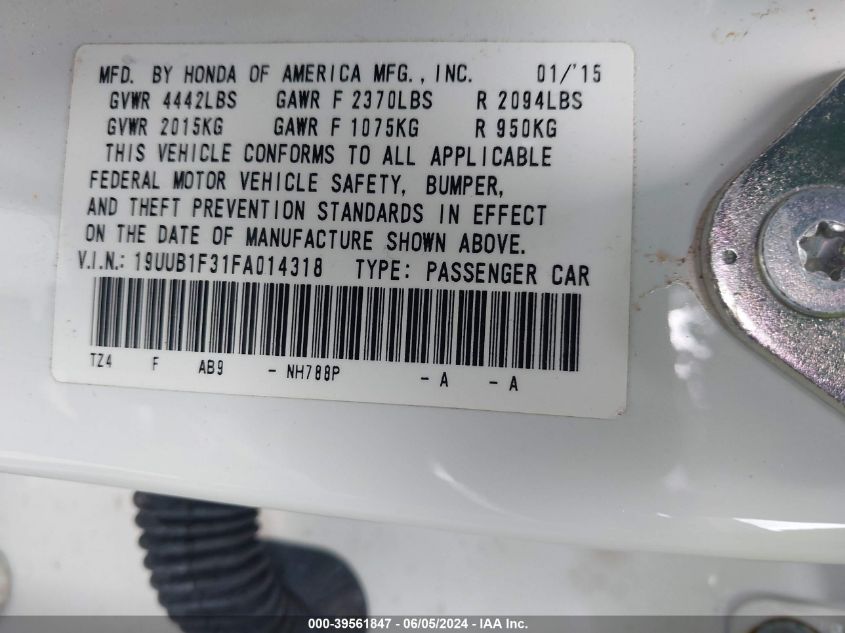 2015 Acura Tlx VIN: 19UUB1F31FA014318 Lot: 39561847