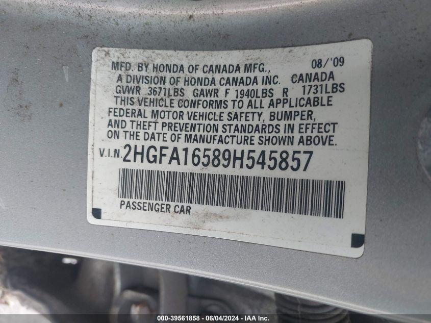 2009 Honda Civic Lx VIN: 2HGFA16589H545857 Lot: 39561858