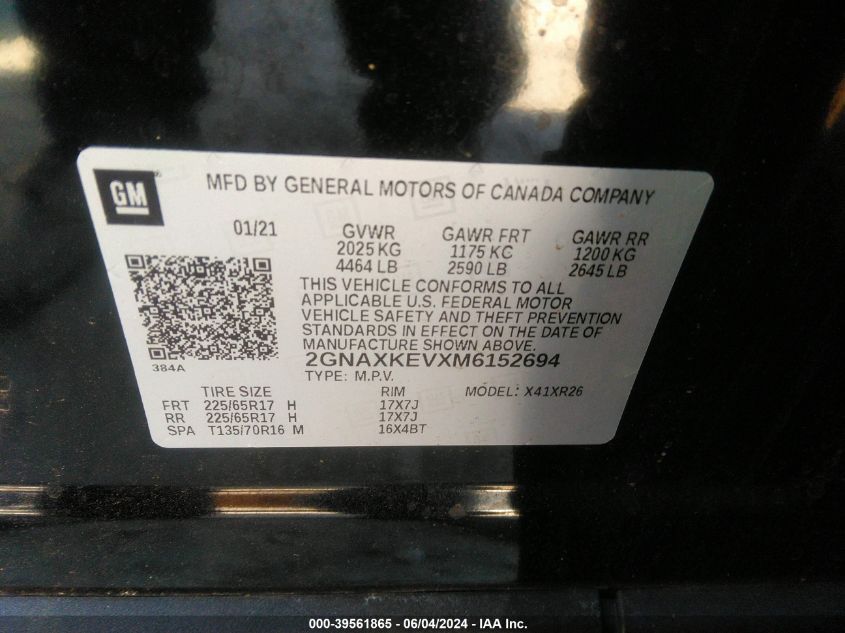 2021 Chevrolet Equinox Fwd Lt VIN: 2GNAXKEVXM6152694 Lot: 39561865