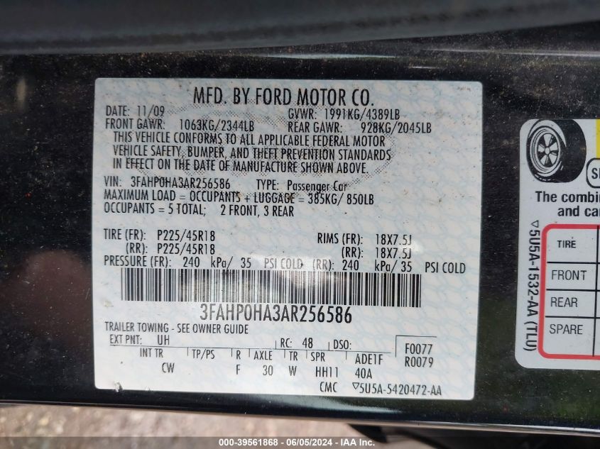 2010 Ford Fusion Se VIN: 3FAHP0HA3AR256586 Lot: 39561868
