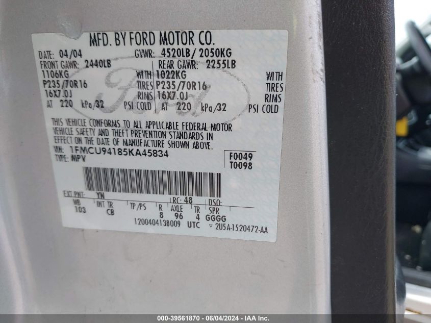 2005 Ford Escape Limited VIN: 1FMCU94185KA45834 Lot: 39561870