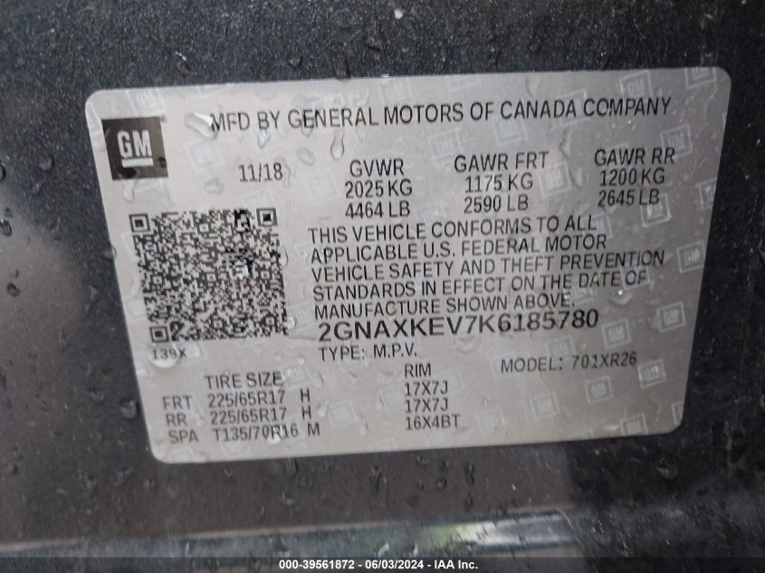 2019 Chevrolet Equinox Lt VIN: 2GNAXKEV7K6185780 Lot: 39561872