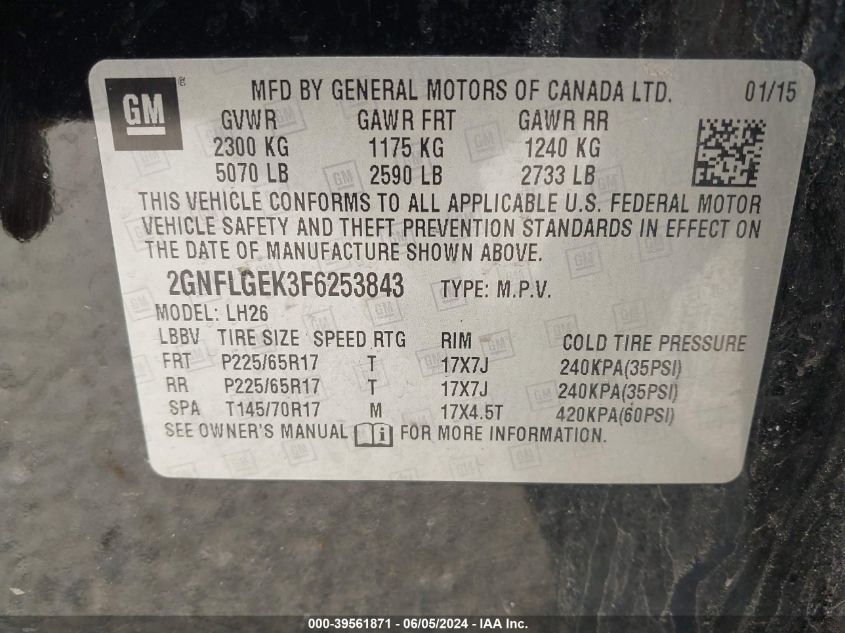 2015 Chevrolet Equinox 2Lt VIN: 2GNFLGEK3F6253843 Lot: 39561871