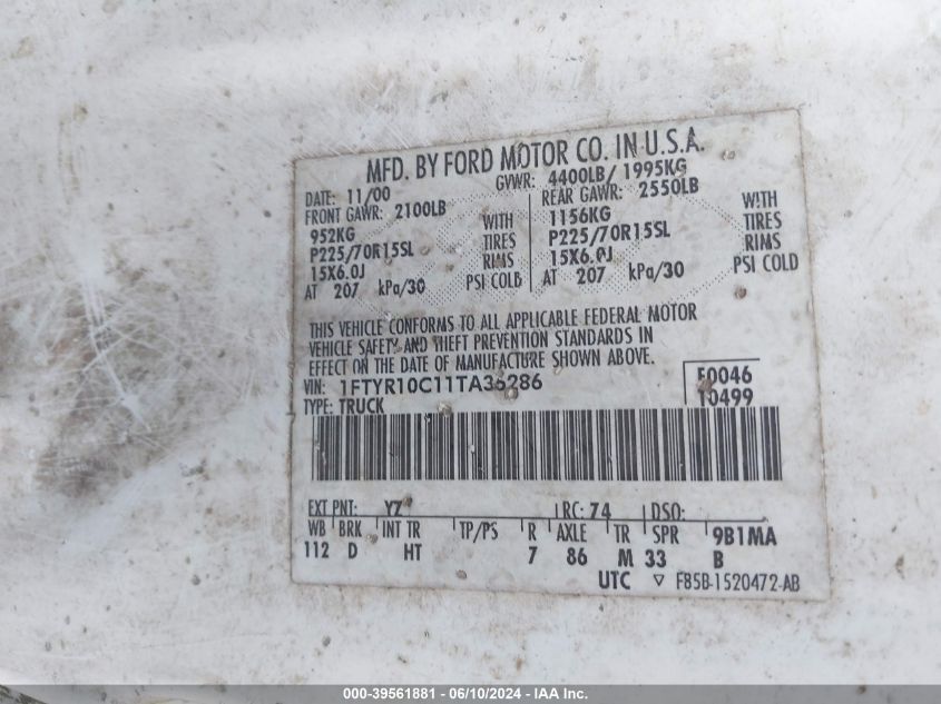 2001 Ford Ranger Xl/Xlt VIN: 1FTYR10C11TA36286 Lot: 39561881