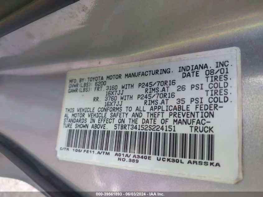 2002 Toyota Tundra Sr5 V8 VIN: 5TBRT34152S224151 Lot: 39561893