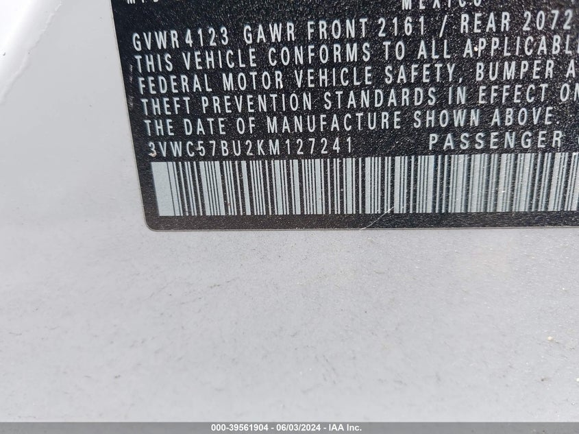 2019 Volkswagen Jetta 1.4T R-Line/1.4T S/1.4T Se VIN: 3VWC57BU2KM127241 Lot: 39561904