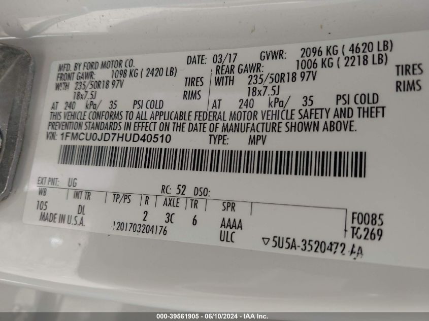 2017 Ford Escape Titanium VIN: 1FMCU0JD7HUD40510 Lot: 39561905