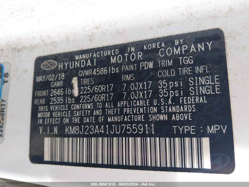 2018 Hyundai Tucson Se VIN: KM8J23A41JU755911 Lot: 39561918