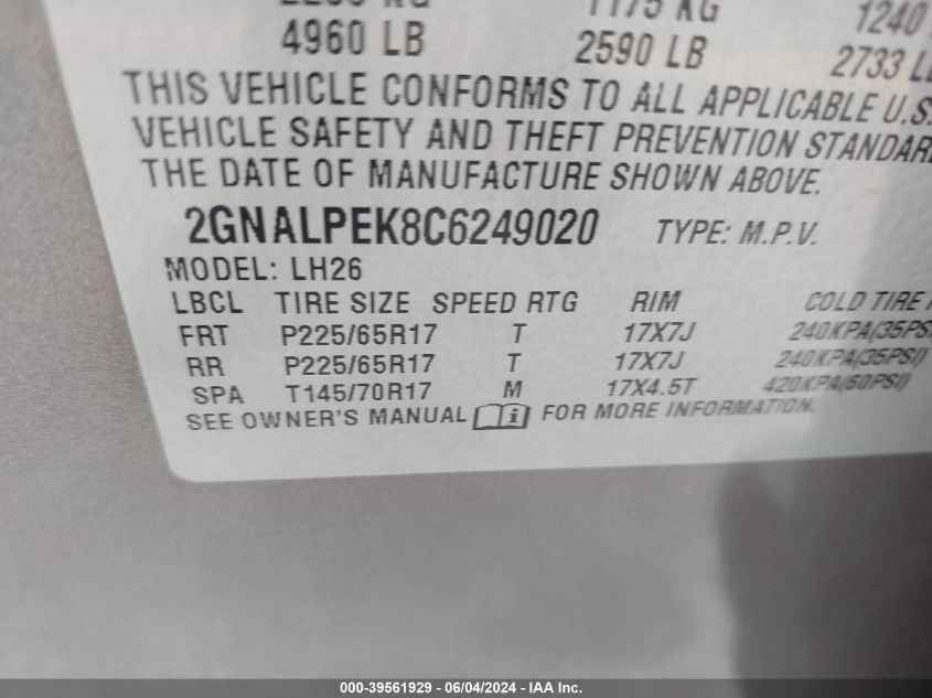 2012 Chevrolet Equinox 2Lt VIN: 2GNALPEK8C6249020 Lot: 39561929