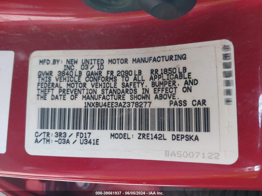 2010 Toyota Corolla S VIN: 1NXBU4EE3AZ378277 Lot: 39561937