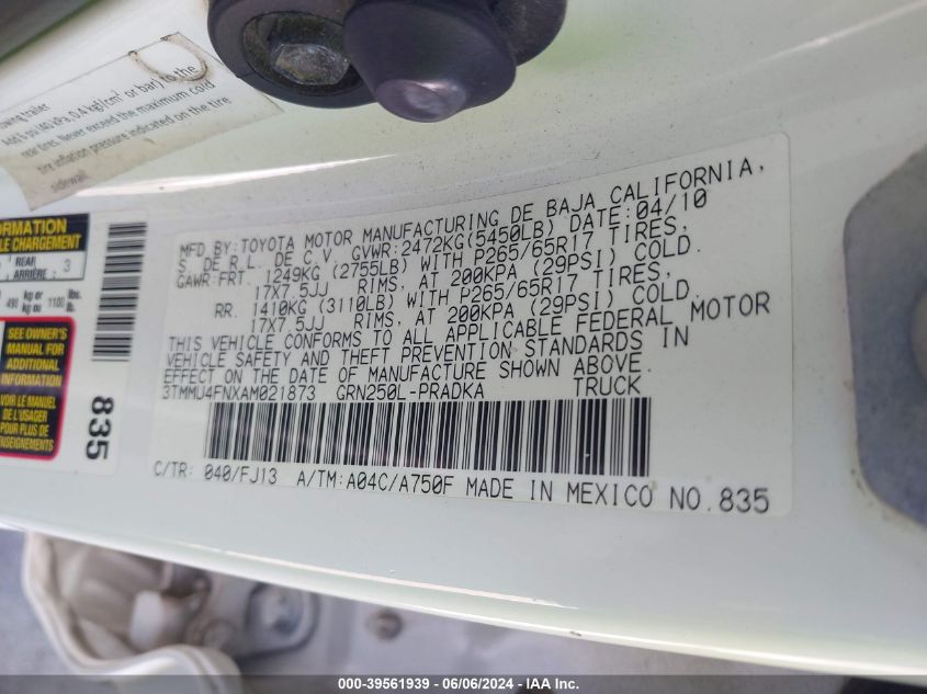 2010 Toyota Tacoma Base V6 VIN: 3TMMU4FNXAM021873 Lot: 39561939