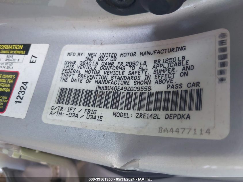 2009 Toyota Corolla Le VIN: 1NXBU40E49Z009558 Lot: 39561950