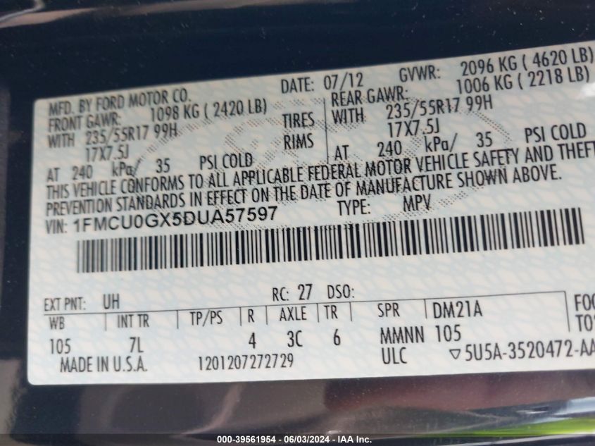 2013 Ford Escape Se VIN: 1FMCU0GX5DUA57597 Lot: 39561954