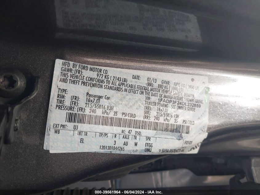 2013 Ford Focus Se VIN: 1FADP3F24DL232859 Lot: 39561964