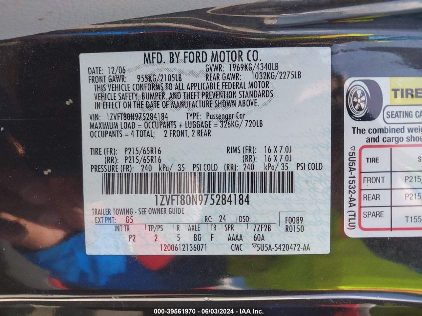 2007 Ford Mustang V6 Deluxe/V6 Premium VIN: 1ZVFT80N975284184 Lot: 39561970