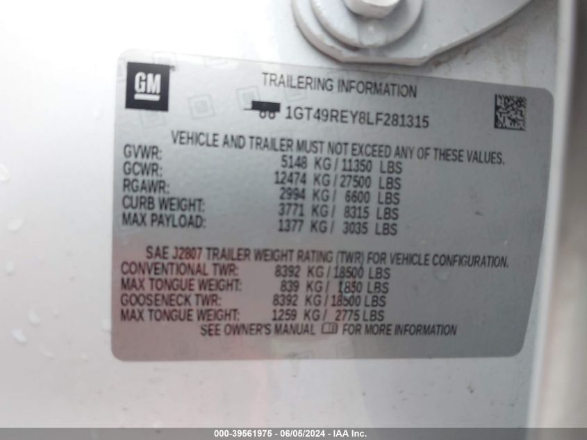 2020 GMC Sierra 2500Hd VIN: 1GT49REY8LF281315 Lot: 39561975