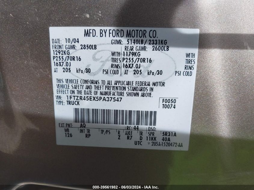 2005 Ford Ranger VIN: 1FTZR45EX5PA37547 Lot: 39561982