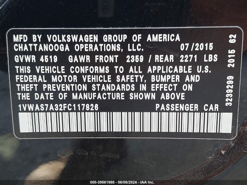 2015 Volkswagen Passat 1.8T Limited Edition VIN: 1VWAS7A32FC117826 Lot: 39561988