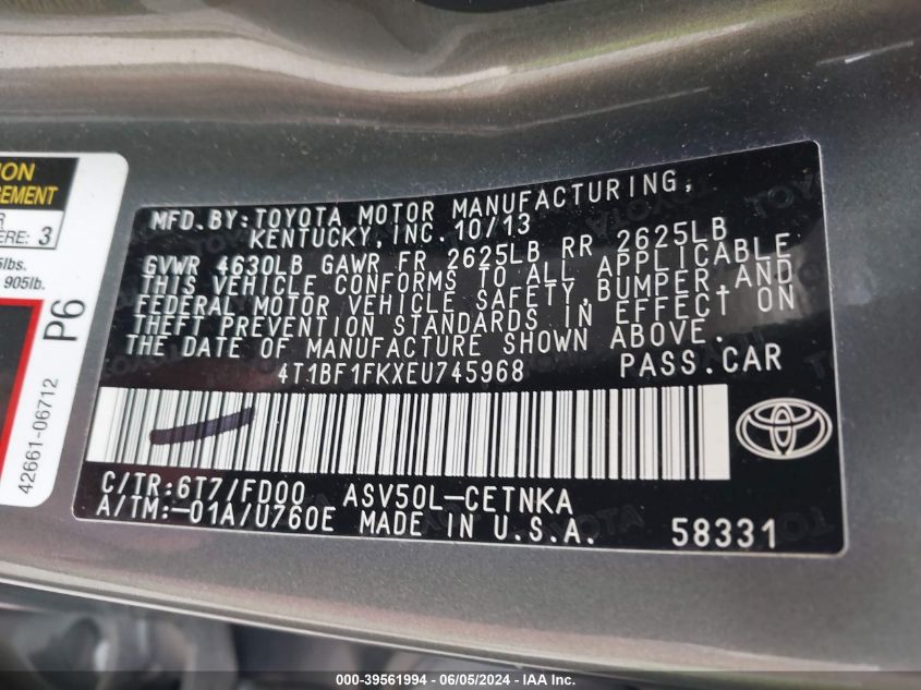 2014 Toyota Camry Le VIN: 4T1BF1FKXEU745968 Lot: 39561994