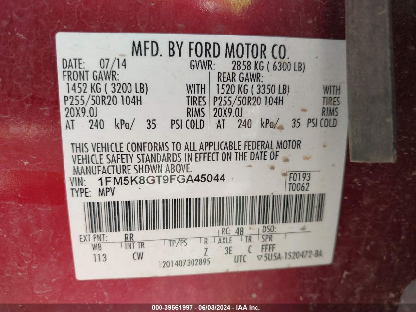 2015 Ford Explorer Sport VIN: 1FM5K8GT9FGA45044 Lot: 39561997