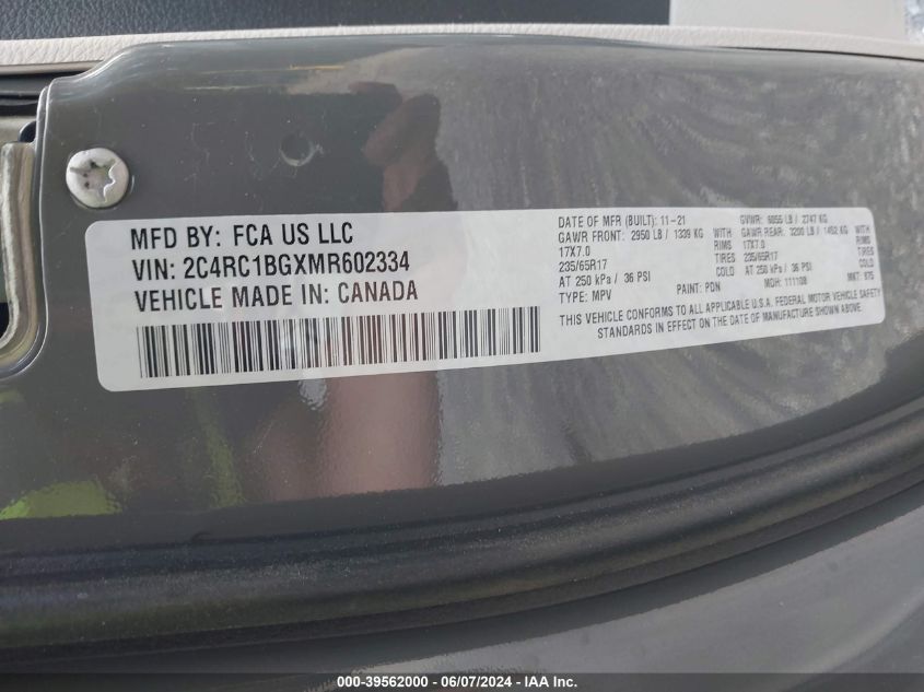 2021 Chrysler Pacifica Touring L VIN: 2C4RC1BGXMR602334 Lot: 39562000