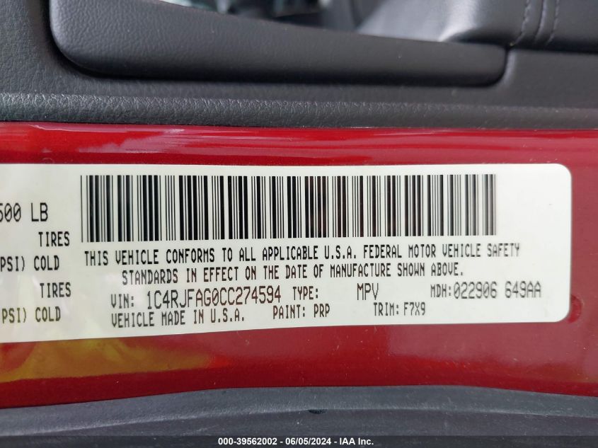 2012 Jeep Grand Cherokee Laredo VIN: 1C4RJFAG0CC274594 Lot: 39562002
