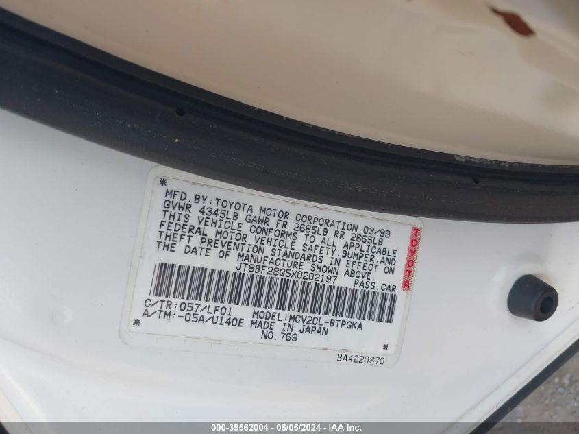 1999 Lexus Es 300 VIN: JT8BF28G5X0202197 Lot: 39562004