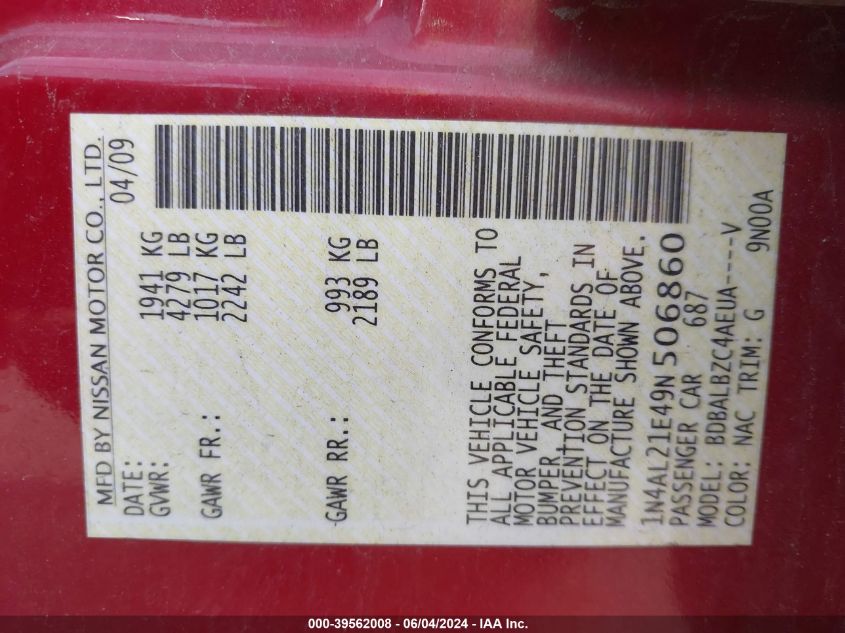 2009 Nissan Altima 2.5 S VIN: 1N4AL21E49N506860 Lot: 39562008