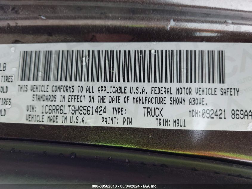 2017 Ram 1500 Lone Star 4X2 5'7 Box VIN: 1C6RR6LT9HS561424 Lot: 39562018