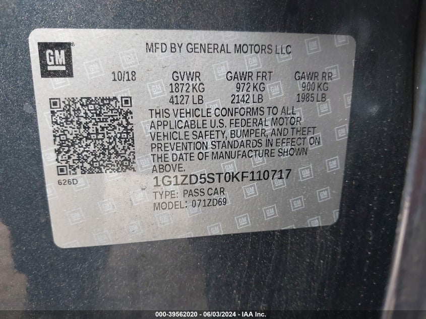 2019 Chevrolet Malibu Lt VIN: 1G1ZD5ST0KF110717 Lot: 39562020